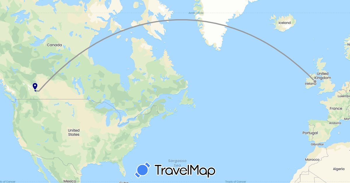 TravelMap itinerary: driving, plane in Canada, Ireland (Europe, North America)